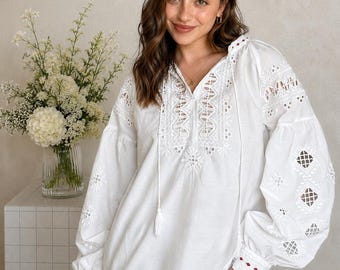 White Ukraine Vyshyvanka Blouse, Embroidered Cotton Top, Made in Ukraine Shirt
