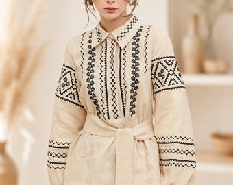 Beige Linen Blouse, Embroidered Ukrainian Vyshyvanka, Boho Peasant Top
