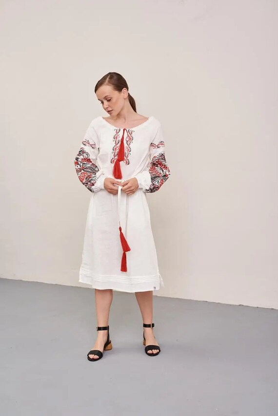 white embroidered peasant dress White and Red Linen Vyshyvanka Dress - Knee-length Ukrainian Embroidered  Peasant Dress