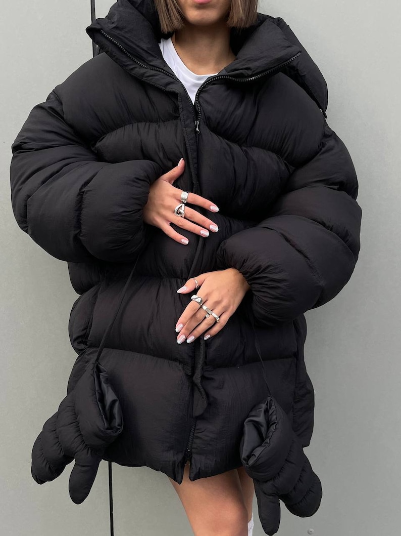 Black winter oversize puffer coat, Streetwear women jacket, Black Winter puffer jacket women, Warm winter jacket, Black puffer image 4