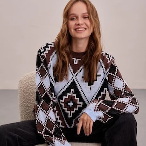 Brown and Blue wool knit women sweater, Vintage style knitted sweater