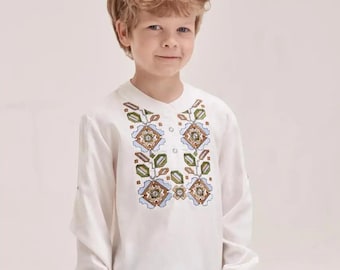Boys Linen Vyshyvanka, Beige Embroidered Ukrainian Folk Shirt