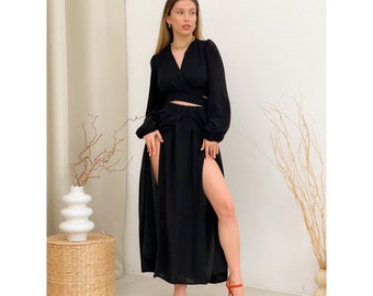 Black silk skirt, Two piece skirt set, Maxi skirt, Black silk blouse, Wrap puffy sleeve blouse, Spring summer women outfit