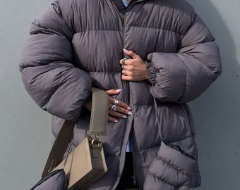 Trendy Grey Puffer Bomber Coat Jacket, Stylish Winter Outerwear