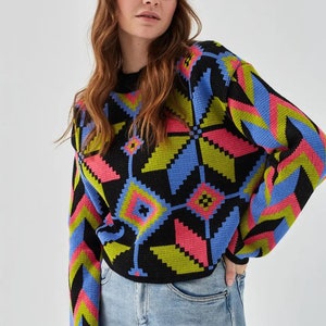 Colorful Women Sweater, Oversized Crop Sweater, Boho print Sweater, Baggy Sweater, Slouchy Sweater