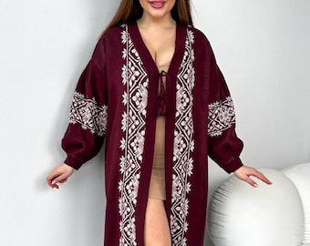 Burgundy Wool Blend Cardigan, Ukrainian Design, Plus Size