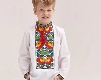 Boys' Ukrainian Vyshyvanka Shirt, Embroidered Cotton Top, Folk Outfit