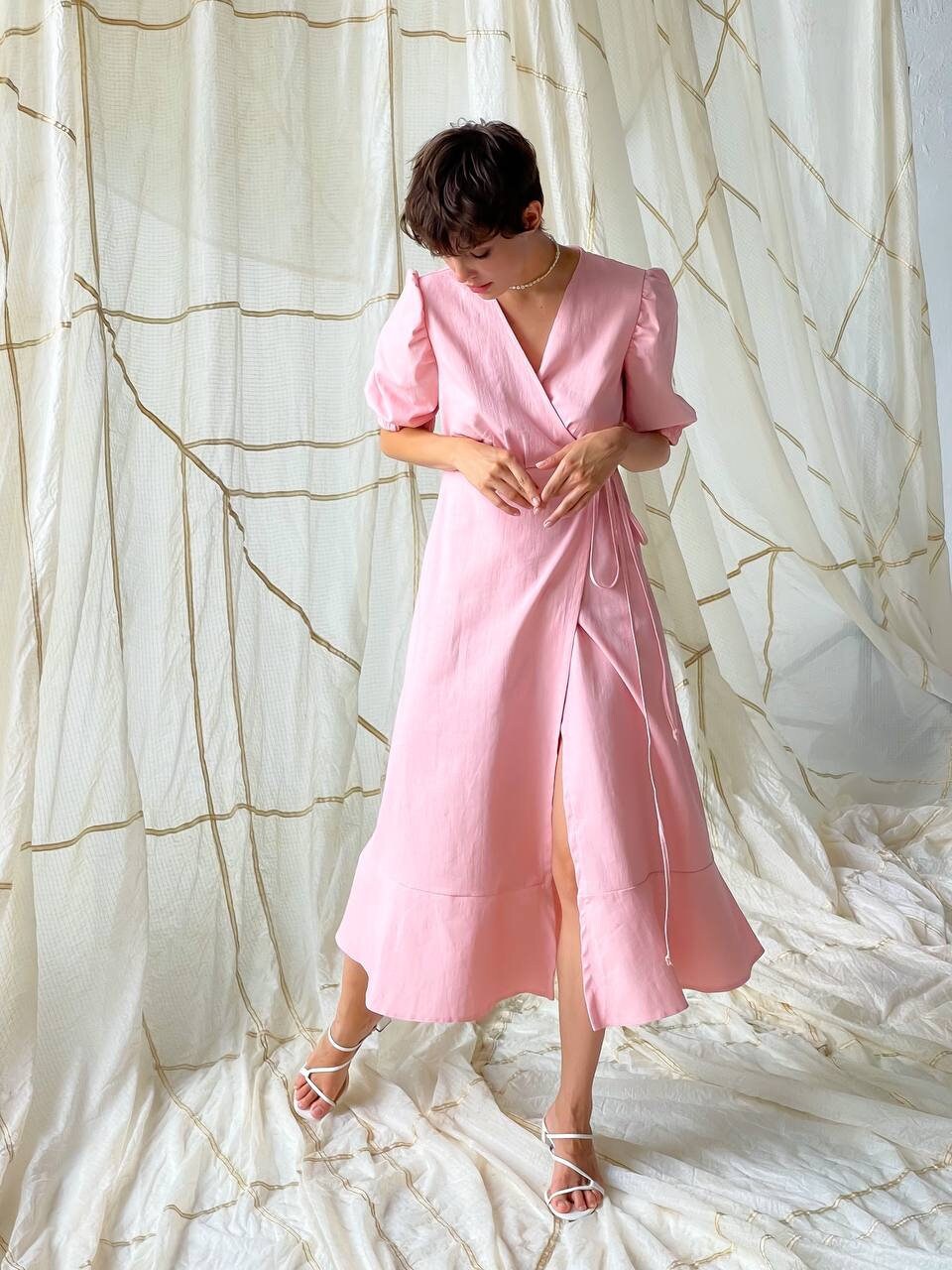 Pink Linen Wrap Midi Dress, Puffy Lantern Sleeves, Bridesmaid Summer Dress Pink Linen Wrap Midi Dress, Puffy Lantern Sleeves, Bridesmaid Summer Dress