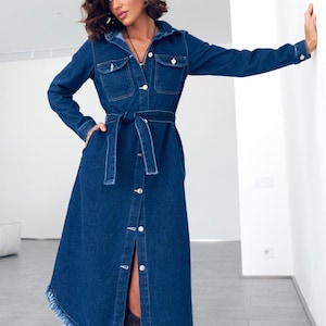 Blue Casual Denim Dress, Long Sleeves Midi Button Down Jean Dress