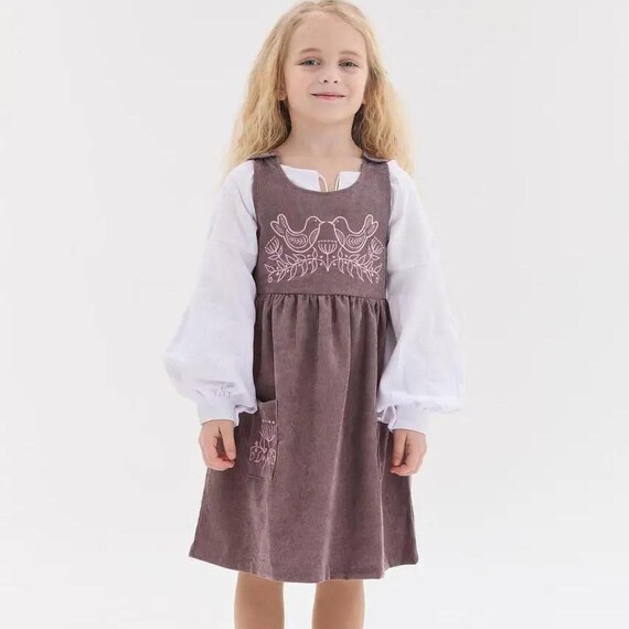 Embroidered Corduroy Pinafore Dress, Boho Easter Sundress