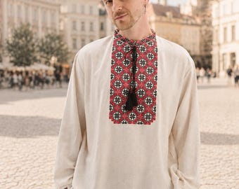 Ukrainian Men's Embroidered Linen Shirt, Traditional Vyshyvanka Inspired by Ivan Franko