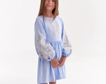 Blue Linen Girls Dress: Embroidered Rustic Boho Toddler Kidswear