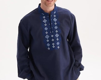 Embroidered Men's Ukrainian Shirt, Navy Blue Vyshyvanka, Gift for Him, Traditional Slavic Linen Look, Boho Ethnic Style