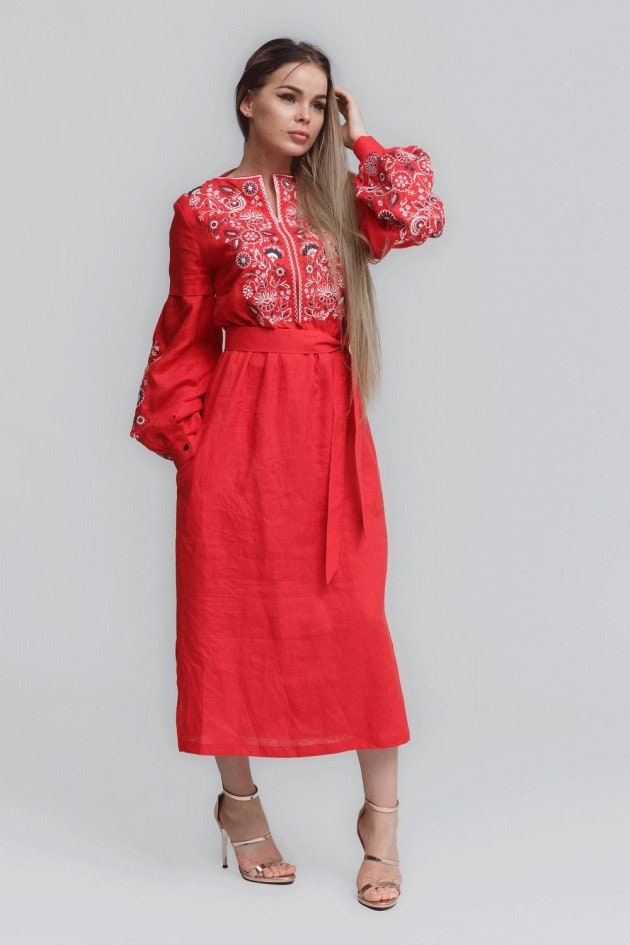 Red Embroidered Maxi Dress | Traditional Floral Long Sleeve Linen Dress -  Etsy