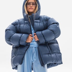 Blue Oversized Puffer Coat, Winter Streetwear Jacket