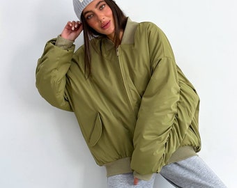 Olive winter bomber jacket women, oversized bomber jacket, long jacket women, women warm bomber, oversize jacket, bomber jacket