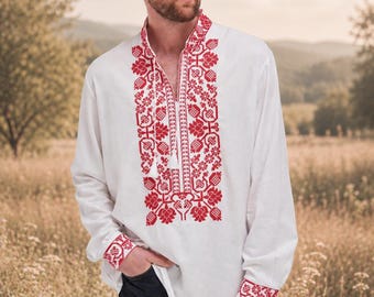 Ukrainian Vyshyvanka Shirt Men, Linen Cotton Long Sleeve, Floral Embroidery Folk Shirt, Made in Ukraine, Traditional Mens Clothing