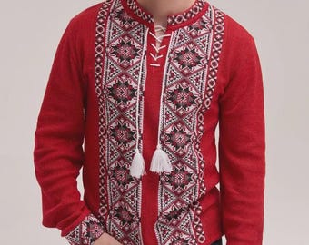 Red Embroidered Linen Shirt for Men, Slavic Vyshyvanka with Geometric Ethnic Pattern, Traditional Gift for Husband or Boyfriend