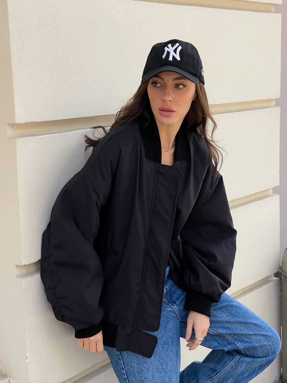 Oversized Black Bomber Jacket: Women's Streetwear, Water