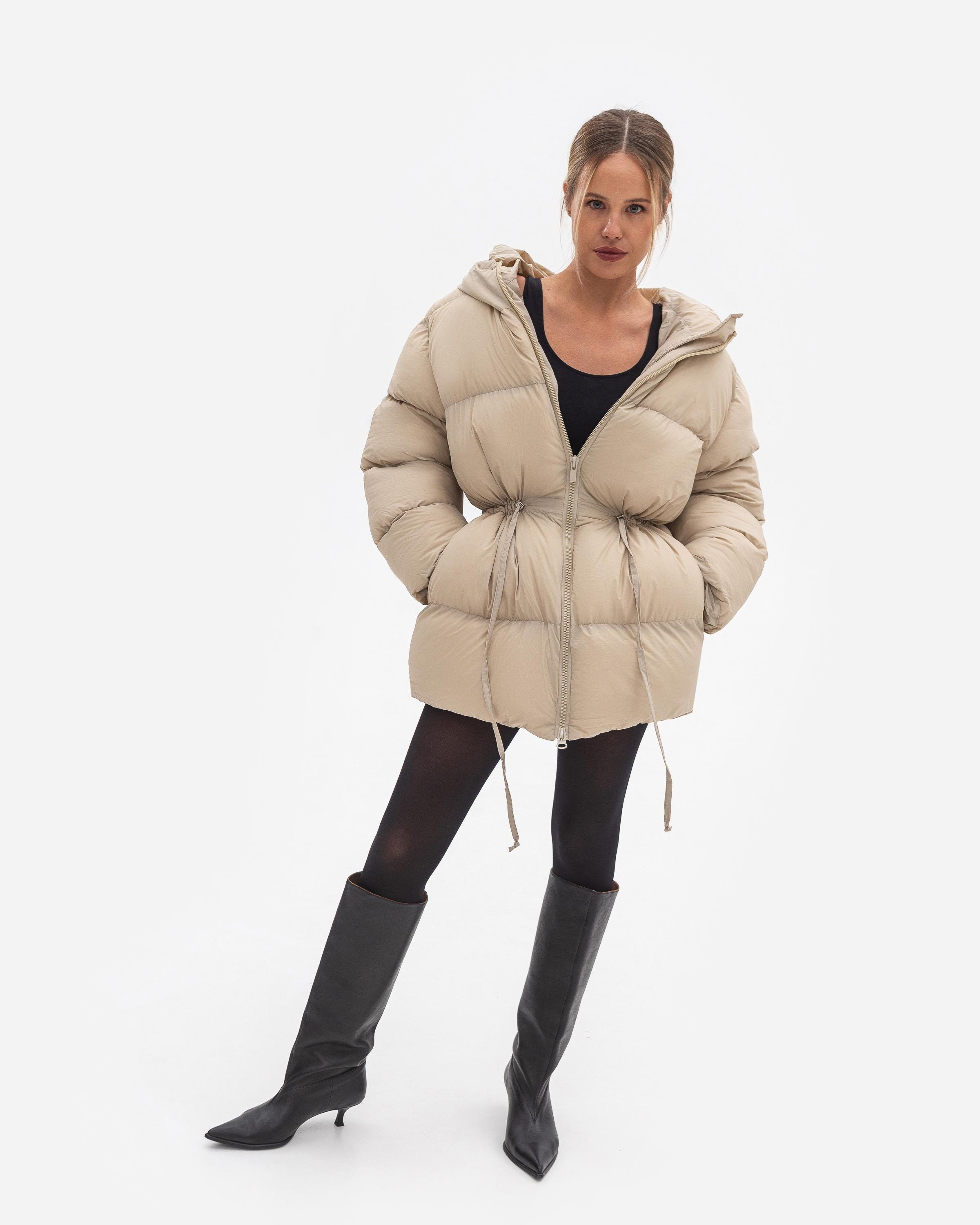 Beige Streetwear Winter Puffer Coat, Women Oversized Ivory
