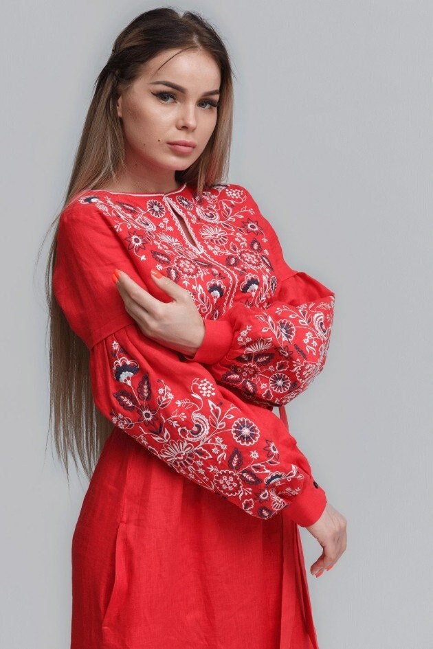Red Embroidered Maxi Dress | Traditional Floral Long Sleeve Linen Dress -  Etsy