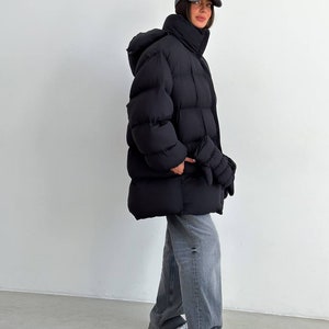 Black winter oversize puffer coat, Streetwear women jacket, Black Winter puffer jacket women, Warm winter jacket, Black puffer image 7