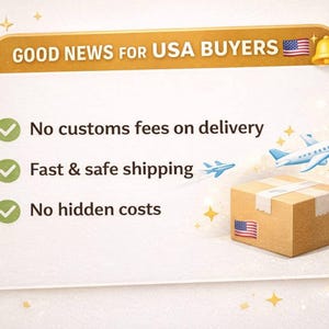 May include: An image with the text "GOOD NEWS FOR USA BUYERS" above a list of benefits. The list includes "No customs fees on delivery", "Fast & safe shipping", and "No hidden costs". A box with an American flag is shown.