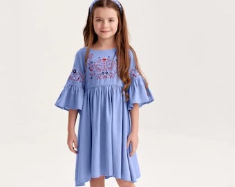 Handmade Embroidered Girls Dress: Blue Linen Blend, Boho Bell Sleeve