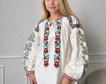 Handmade Cotton Embroidered Blouse, White Folk Shirt with lace, Made in Ukraine Women Clothing