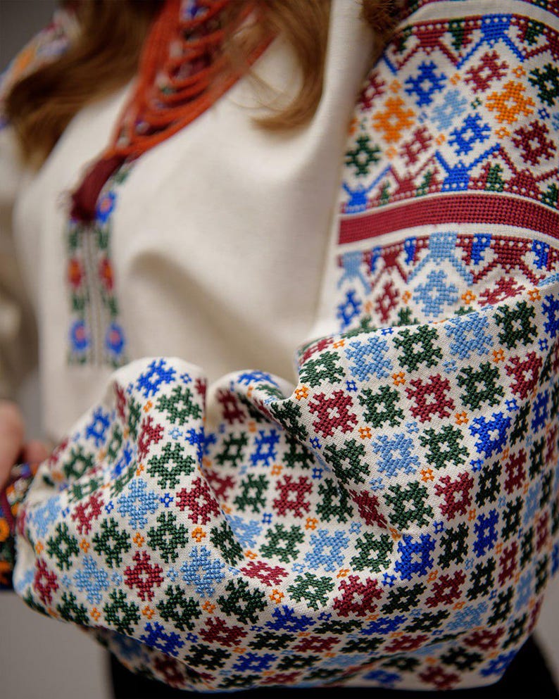 Ukrainian Vyshyvanka Blouse, Hutsul Inspired Linen Cotton Shirt with Colorful Cross Stitch Embroidery image 2