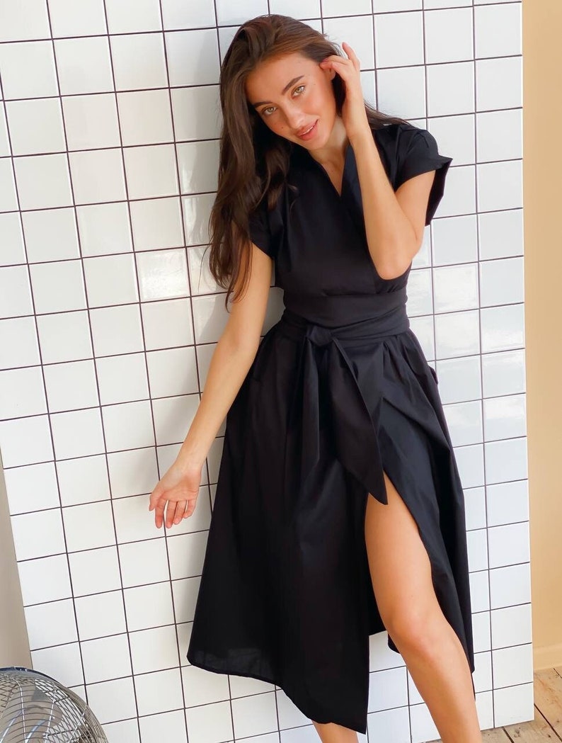 Black wrap kimono dress with obi belt, black midi dress, black wrap dress, kimono dress, wrap summer dress zdjęcie 1