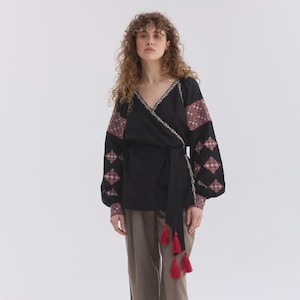 Embroidered Wrap Linen Cotton Blouse, Black Ukrainian Vyshyvanka Top with Belt Tassels, Folk Boho Shirt for Women, Handmade Gift Idea