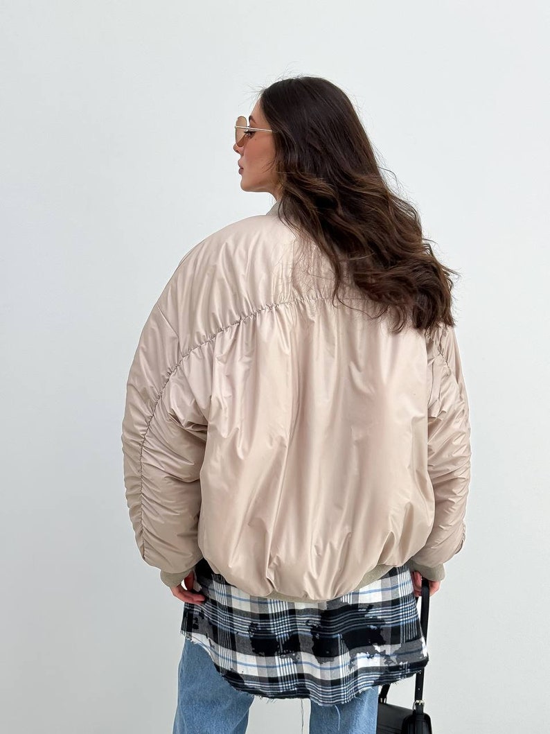 Beige winter bomber jacket women, oversized bomber jacket, long jacket women, women warm bomber, oversize jacket, bomber jacket image 3