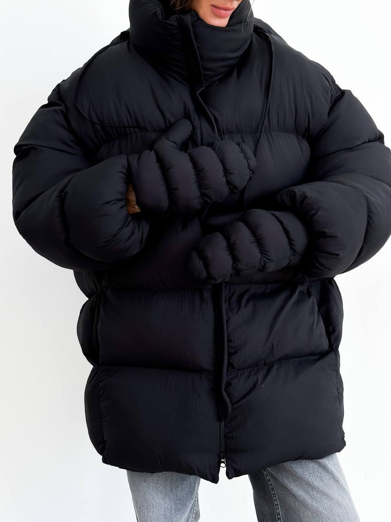 Black winter oversize puffer coat, Streetwear women jacket, Black Winter puffer jacket women, Warm winter jacket, Black puffer image 8