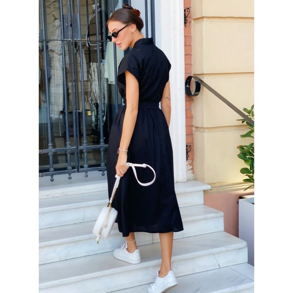 Black Wrap Kimono Dress With Obi Belt, Black Midi Dress Black Wrap Kimono Dress With Obi Belt, Black Midi Dress