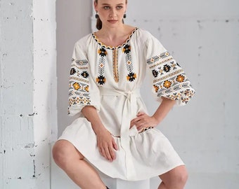 Vyshyvanka dress, Puff sleeves boho dress, Ukrainian clothing, Ukraine dress, embroidered dress