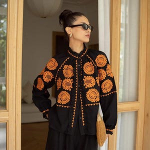 Vyshyvanka Ukrainian Boho Blouse with Sunflower Embroidery Black Button-Up Blouse Made in Ukraine Gift Ukraine Seller