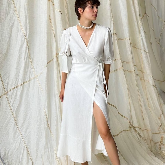 White Linen Wrap Dress for Women, Elegant Summer Midi Dress with Puff  Sleeves, Minimalist Linen Wedding Guest Outfit