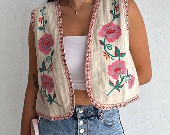 Boho Embroidered Vest, Pink Floral Sleeveless Waistcoat