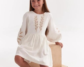 Boho Linen Girls Dress: White Embroidered Rustic Toddler Outfit