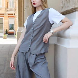 Classic Grey Linen Vest Set - Two Piece Linen Suit with Vest Top & Wide Leg Trousers