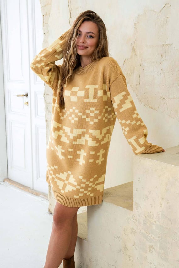 Mustard Knit Sweater Dress: Wool Blend Boho Tunic