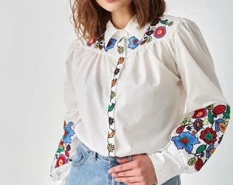 Ukrainian Vyshyvanka shirt, Floral embroidered blouse, Women embroidered shirt, Vyshyvanka, Embroidered Puff sleeves Blouse