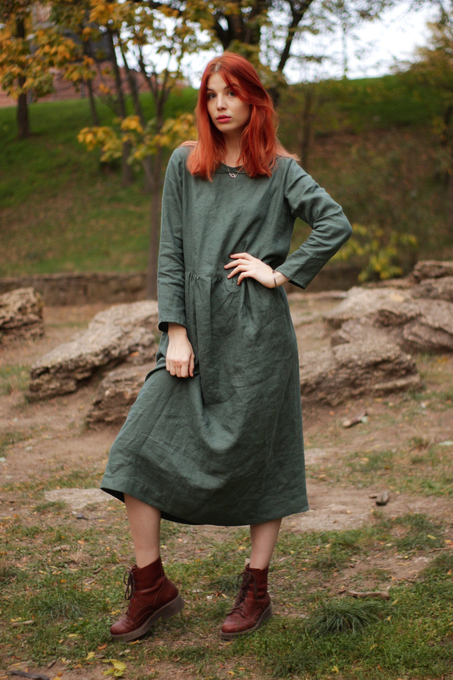 Linen midi dress with peter pan collar green casual long | Etsy