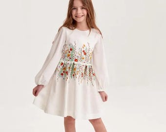 Embroidered Girls' Linen Dress: Boho Floral Long Sleeve Outfit