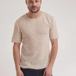 Men’s Beige Boho Embroidered Shirt, Ukrainian Vyshyvanka T-Shirt, Summer Gift for Husband, Lightweight Ethnic Shirt