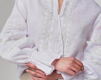 White linen woman Vyshyvanka blouse, Ukrainian embroidered blouse, Vyshyvanka, Peasant blouse