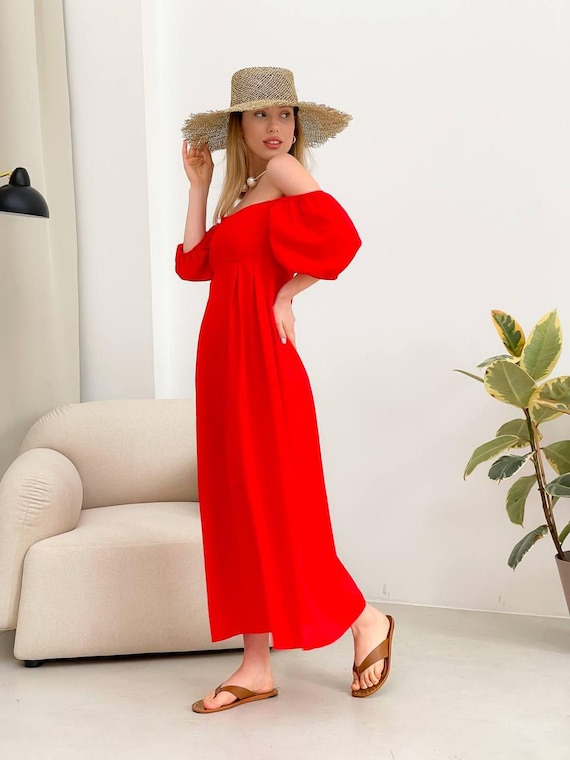 Red Linen Maxi Dress, Empire Waist, Puff Sleeves