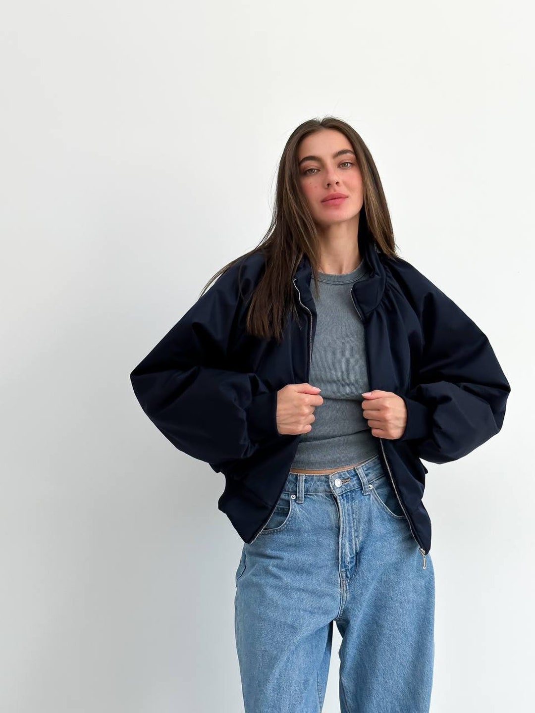 Bomber Jacket Women, Navy Blue Bomber Jacket, Oversized Jacket Women