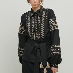 Black women linen shirt, Embroidered Ukrainian Vyshyvanka blouse, Linen women clothing